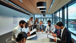 Europäische Fachleute prüfen strukturierte Bewertungsunterlagen in einem deutschen Büro