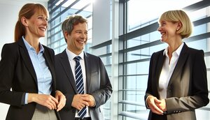 Europäische Fachleute in einem hellen deutschen Büro im vertrauensvollen Gespräch mit einem Kunden