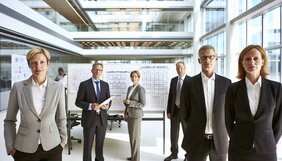 Europäische Fachleute analysieren gemeinsam Forschungsergebnisse zu Führungsqualität an einem strukturierten Whiteboard in einem deutschen Büro