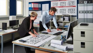 Europäische Fachleute analysieren standardisierte Modulbau-Grundrisse in einem deutschen Büro mit Vergleichstabellen und technischen Zeichnungen