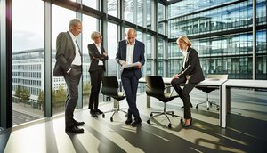 Europäisches Expertenteam bespricht Immobilienprojekt an einem modernen Konferenztisch mit Unterlagen und Stadtplan