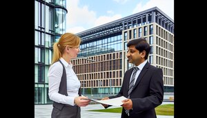 Zwei europäische Fachleute im Gespräch vor einem modernen Bürogebäude in Nürnberg, Bauplanunterlagen in der Hand