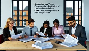 Europäische Fachleute der Bankenwirtschaft analysieren regulatorische Tabellen und Genehmigungsdokumente zur Baulandaktivierung in einem strukturierten Arbeitsumfeld