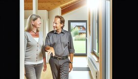 Freundlicher europäischer Sachverständiger erklärt einer Eigentümerin während der Begehung Details an einem deutschen Wohnhaus