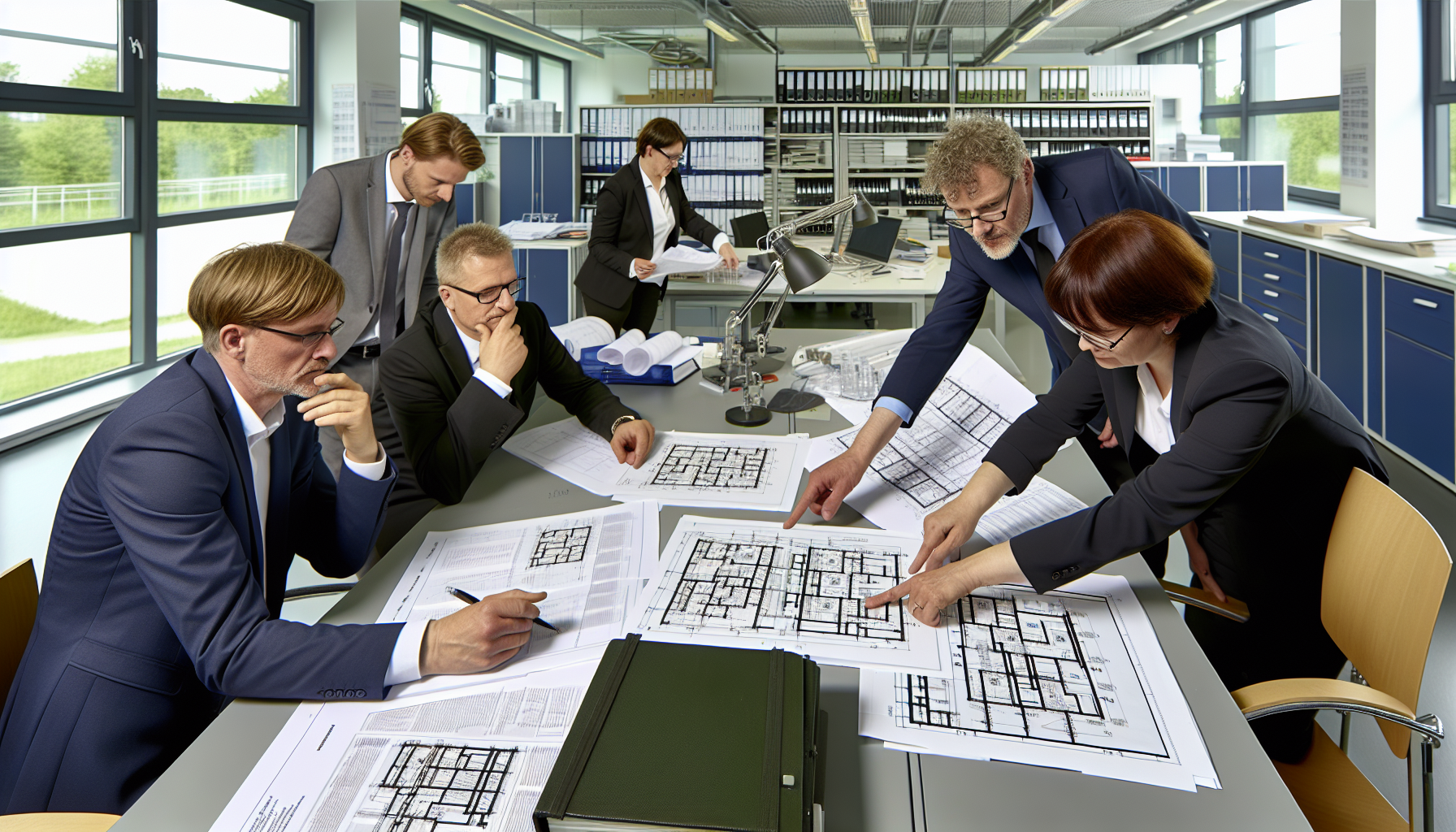 Europäische Fachleute analysieren technische Prozessmodelle und Regulierungstabellen zur modularen Bauweise in einem strukturierten Arbeitsumfeld