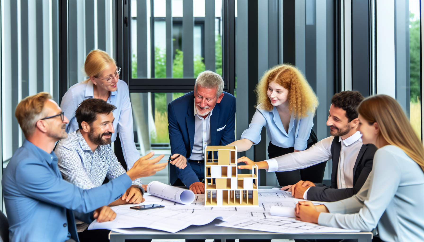 Europäische Fachleute aus Bau und Immobilienwirtschaft besprechen gemeinsam ein modulares Bauprojekt an einem Konferenztisch