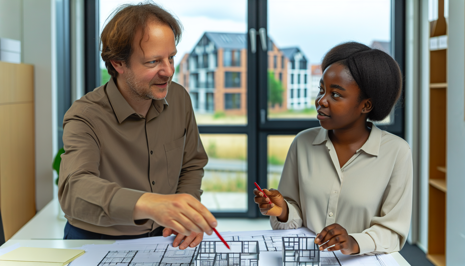 Europäische Fachleute besprechen Baupläne für modulares Wohnprojekt in deutschem Büro