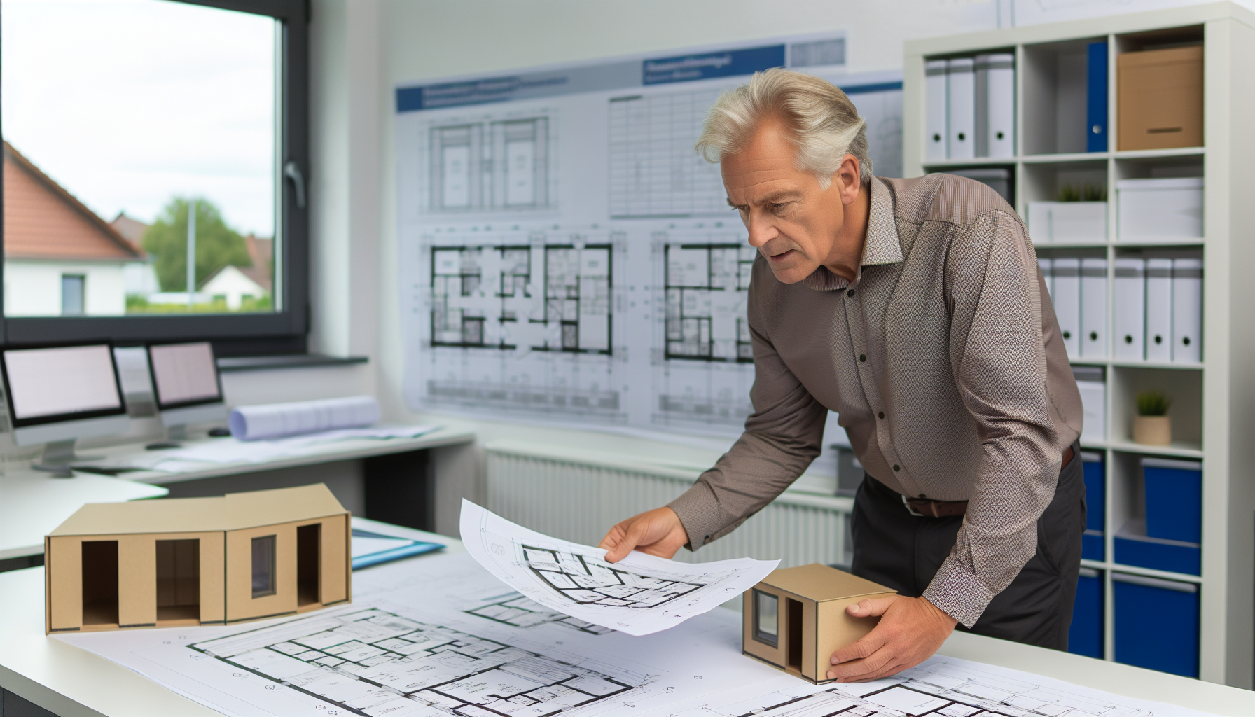 Europäischer Sachverständiger prüft Baupläne für modulares Wohngebäude in deutschem Büro