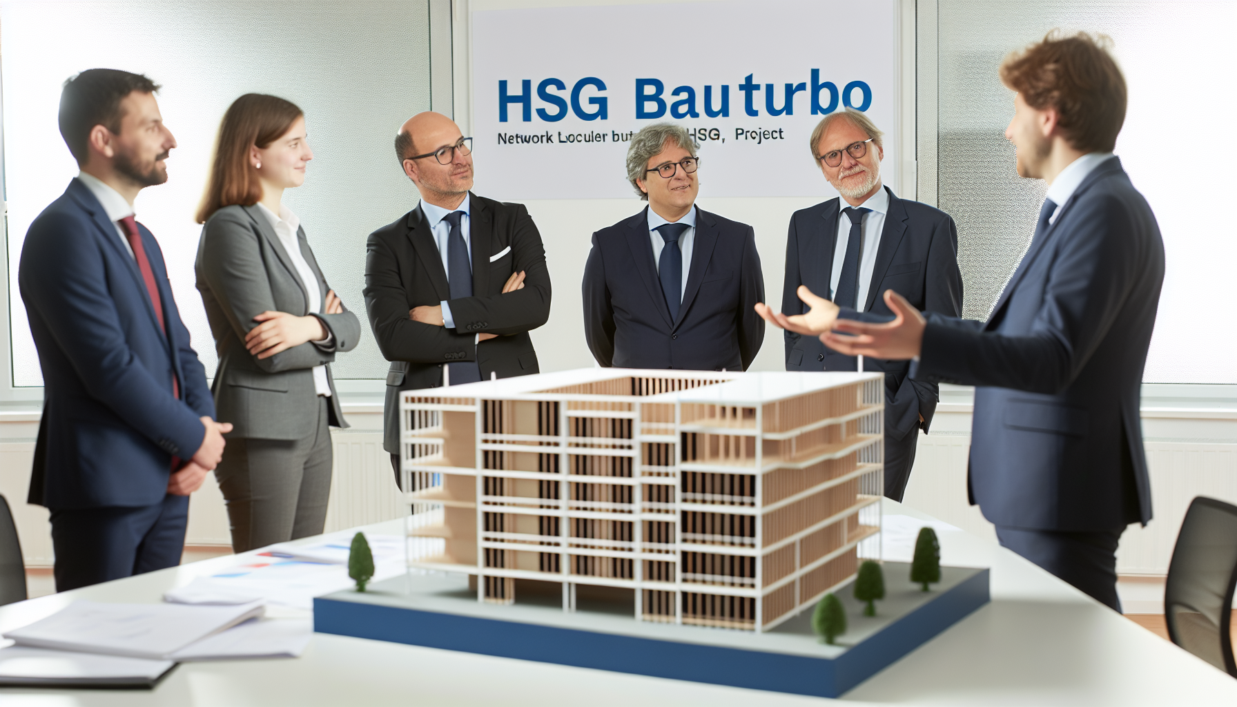 Zwei europäische Fachleute im Business-Outfit besprechen Baupläne vor einem modernen Modulgebäude in einer deutschen Wohnsiedlung