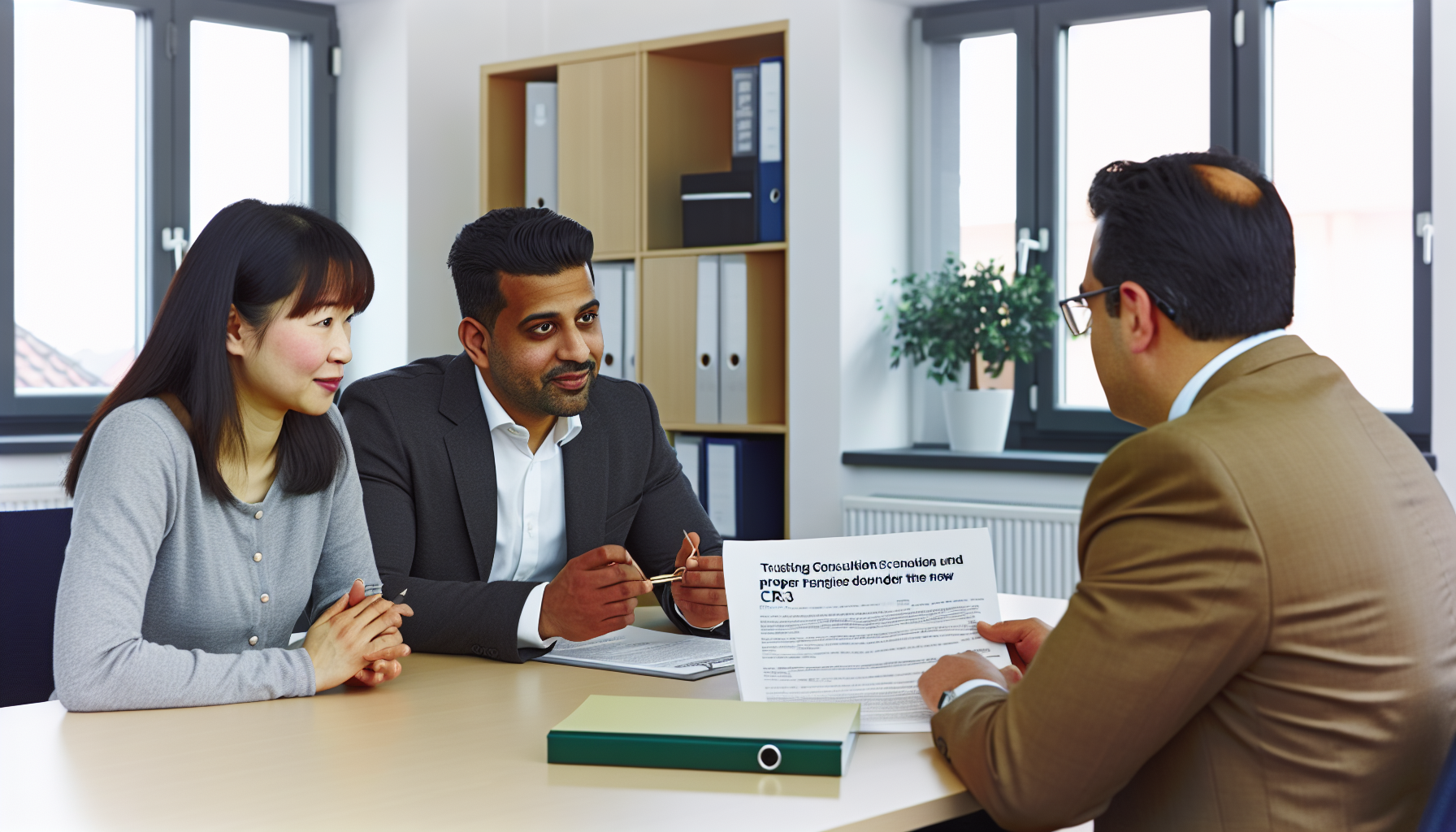 Europäisches Ehepaar mittleren Alters im Gespräch mit einem Finanzberater in einem deutschen Büro, auf dem Tisch Immobilienunterlagen und Taschenrechner