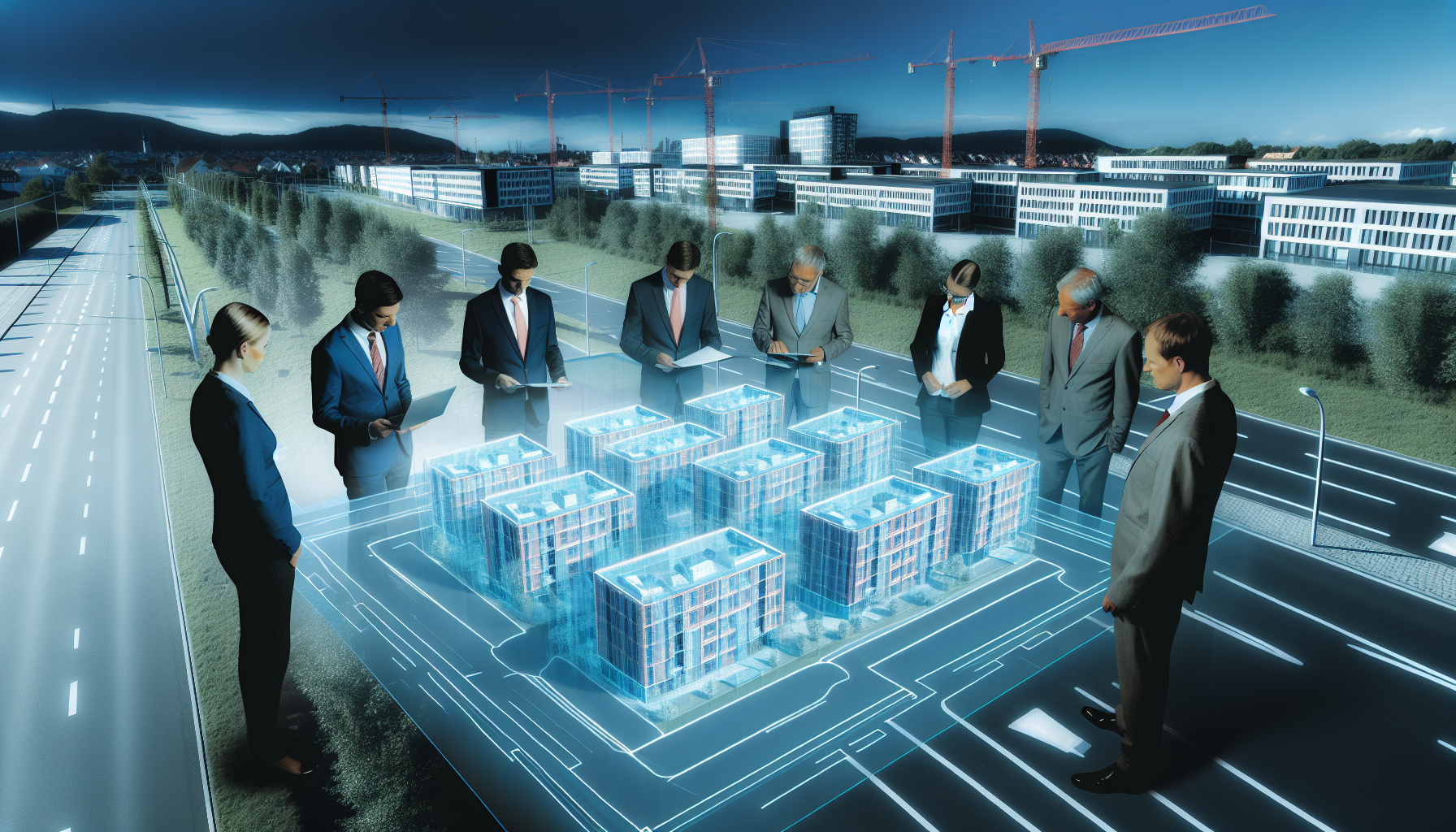 Europäische Fachleute vor einer modularen Wohnanlage mit digitaler Bewertungsvisualisierung