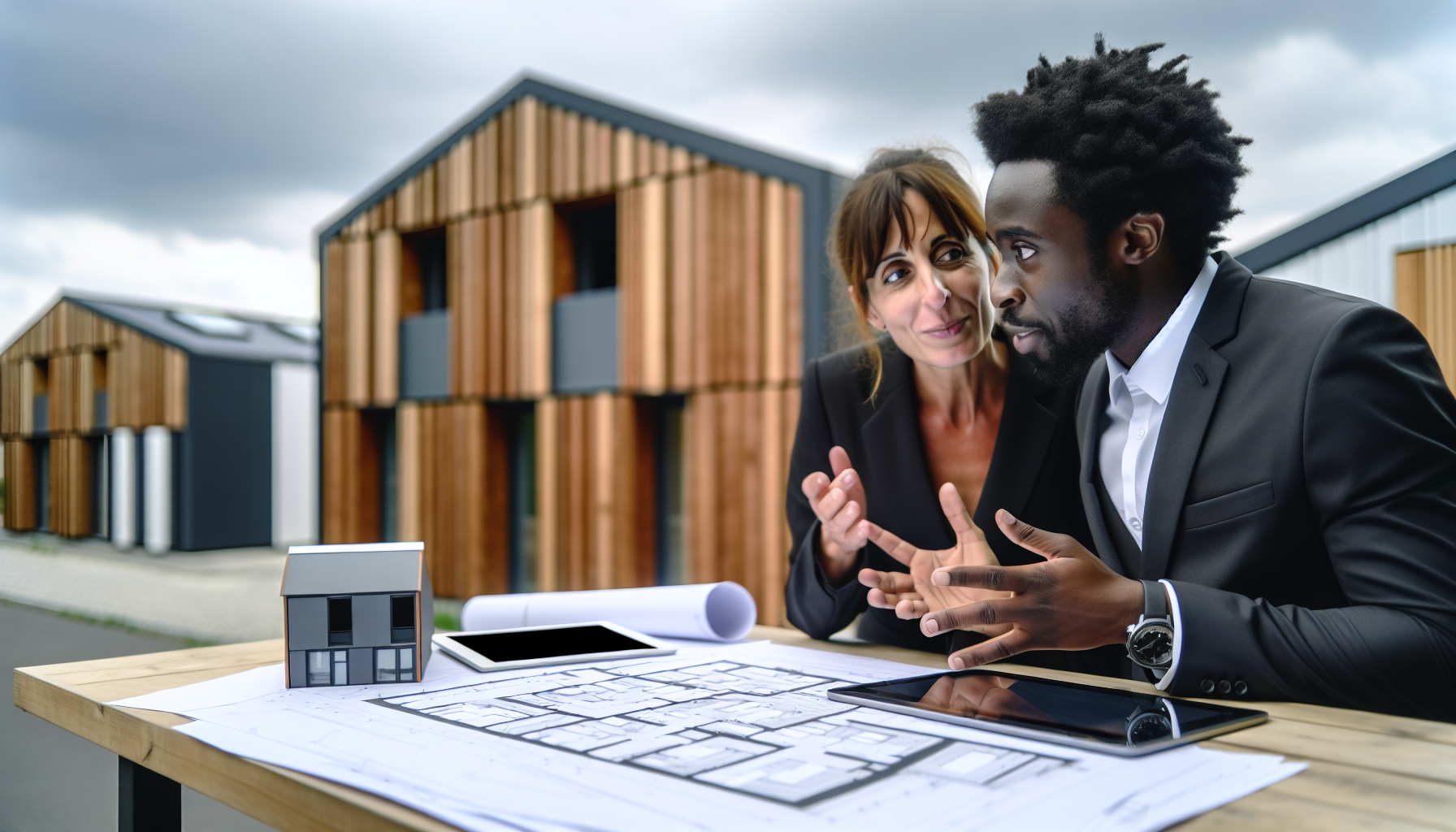 Europäische Fachleute aus Bewertung, Bau und Finanzierung im Gespräch vor einem modernen Modulbau-Projekt in Deutschland