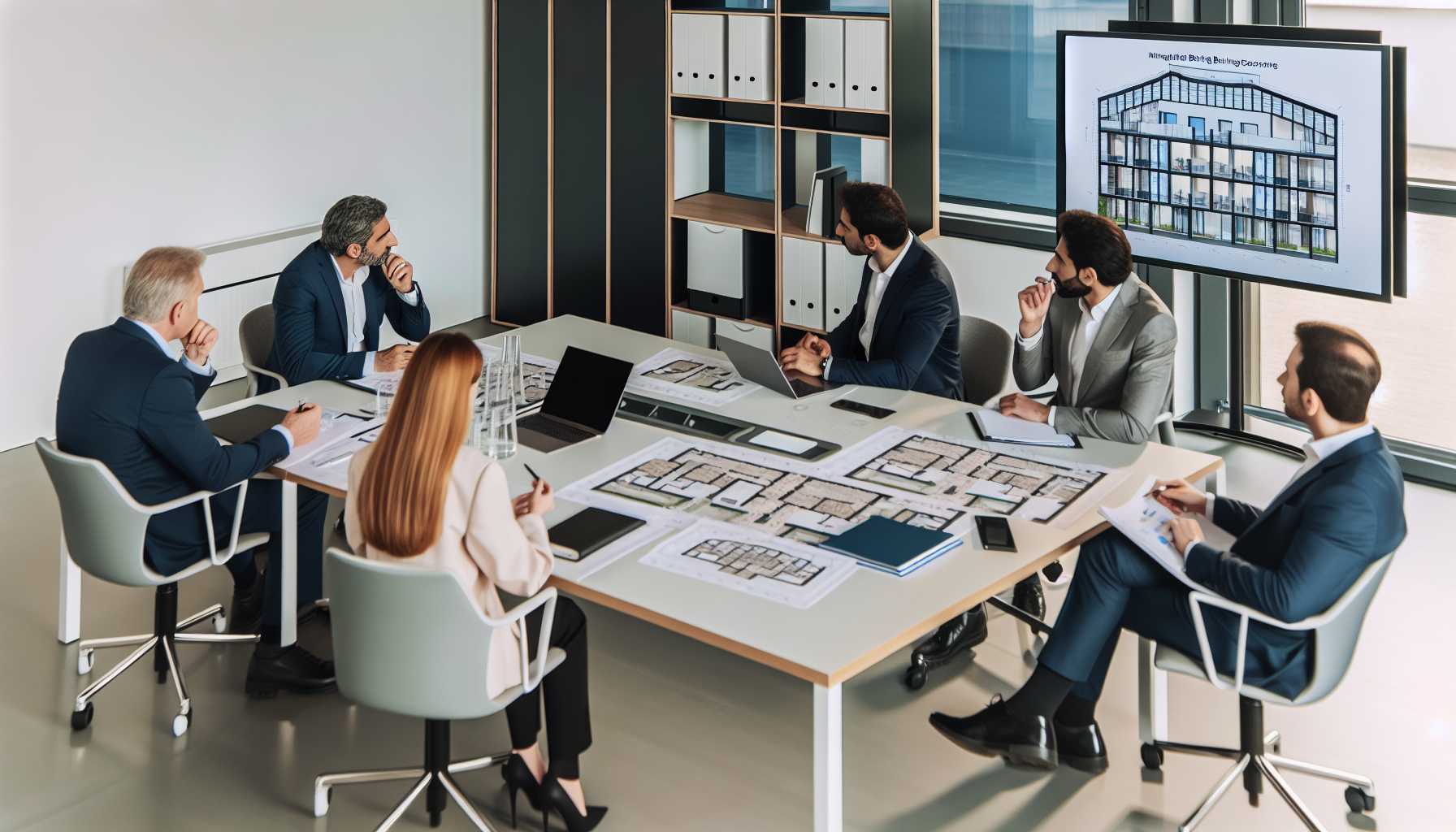 Europäische Investoren und Sachverständige besprechen modulare Gebäudekonzepte an einem Konferenztisch in einem modernen deutschen Büro