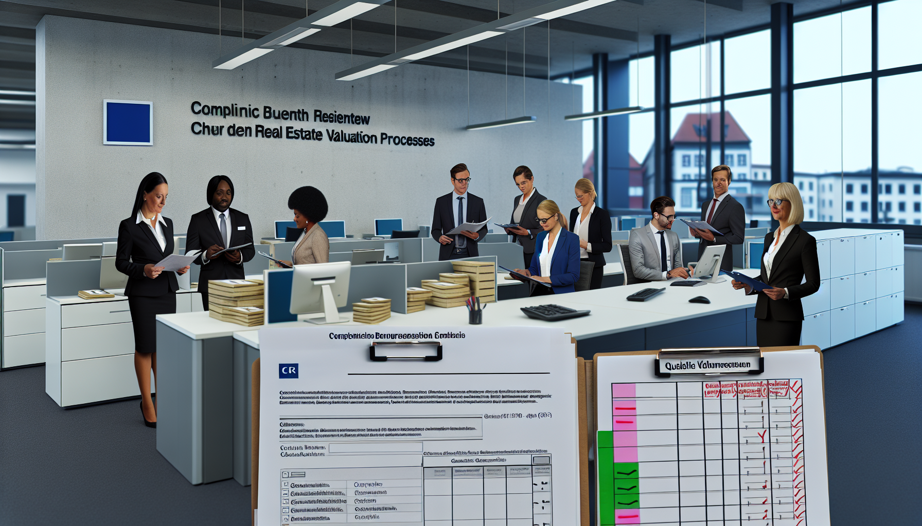 Europäische Fachleute der Bankenwirtschaft analysieren regulatorische Dokumente und Prüfberichte in einem strukturierten Arbeitsumfeld