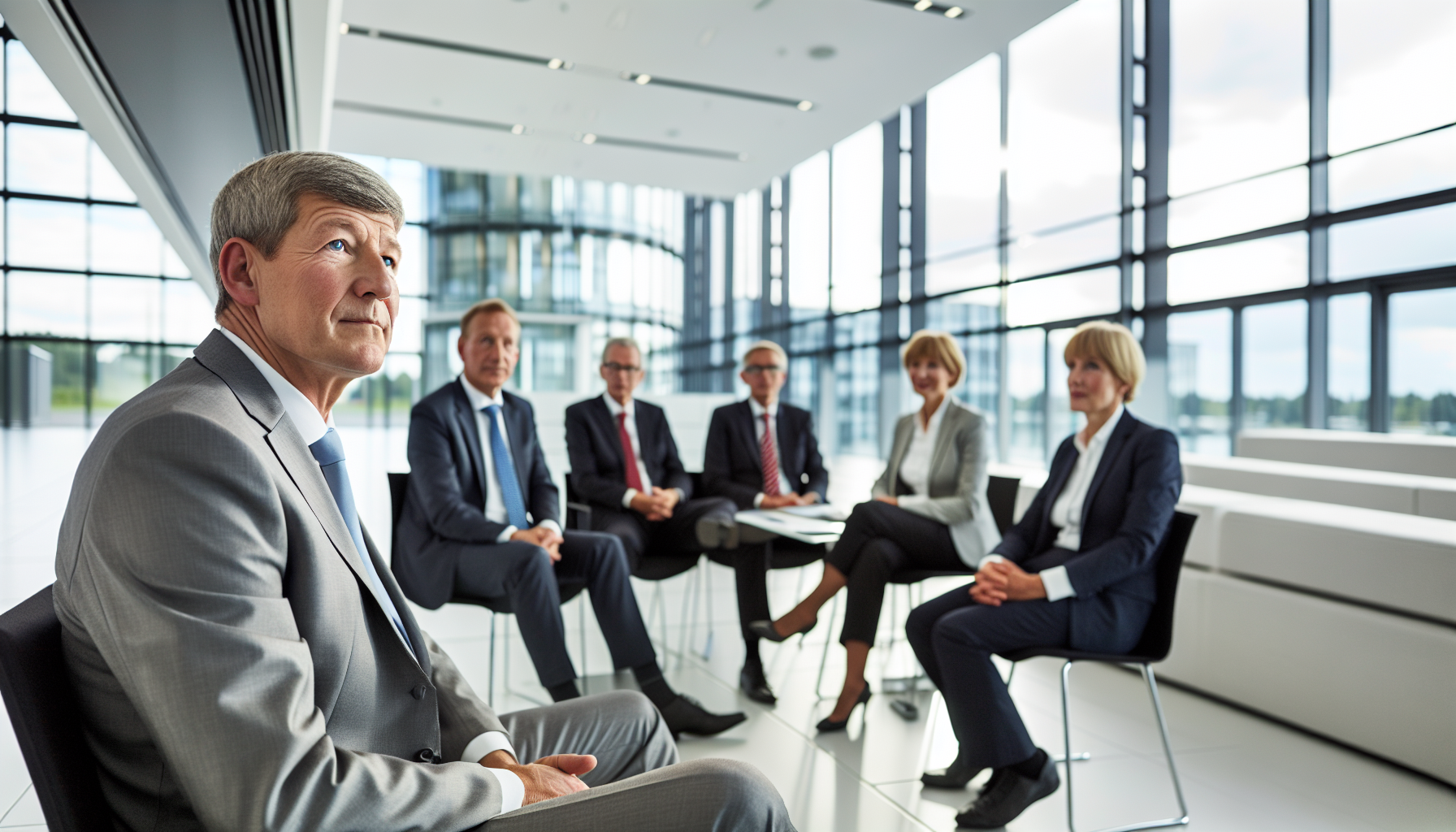 Erfahrene europäische Immobilienfachleute bei einer vertrauensvollen Besprechung an einem Konferenztisch in einem modernen deutschen Büro