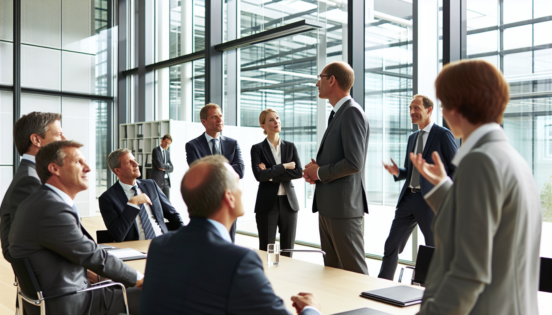Gruppe europäischer Geschäftsleute im modernen Büro bei einer konstruktiven Besprechung auf Augenhöhe