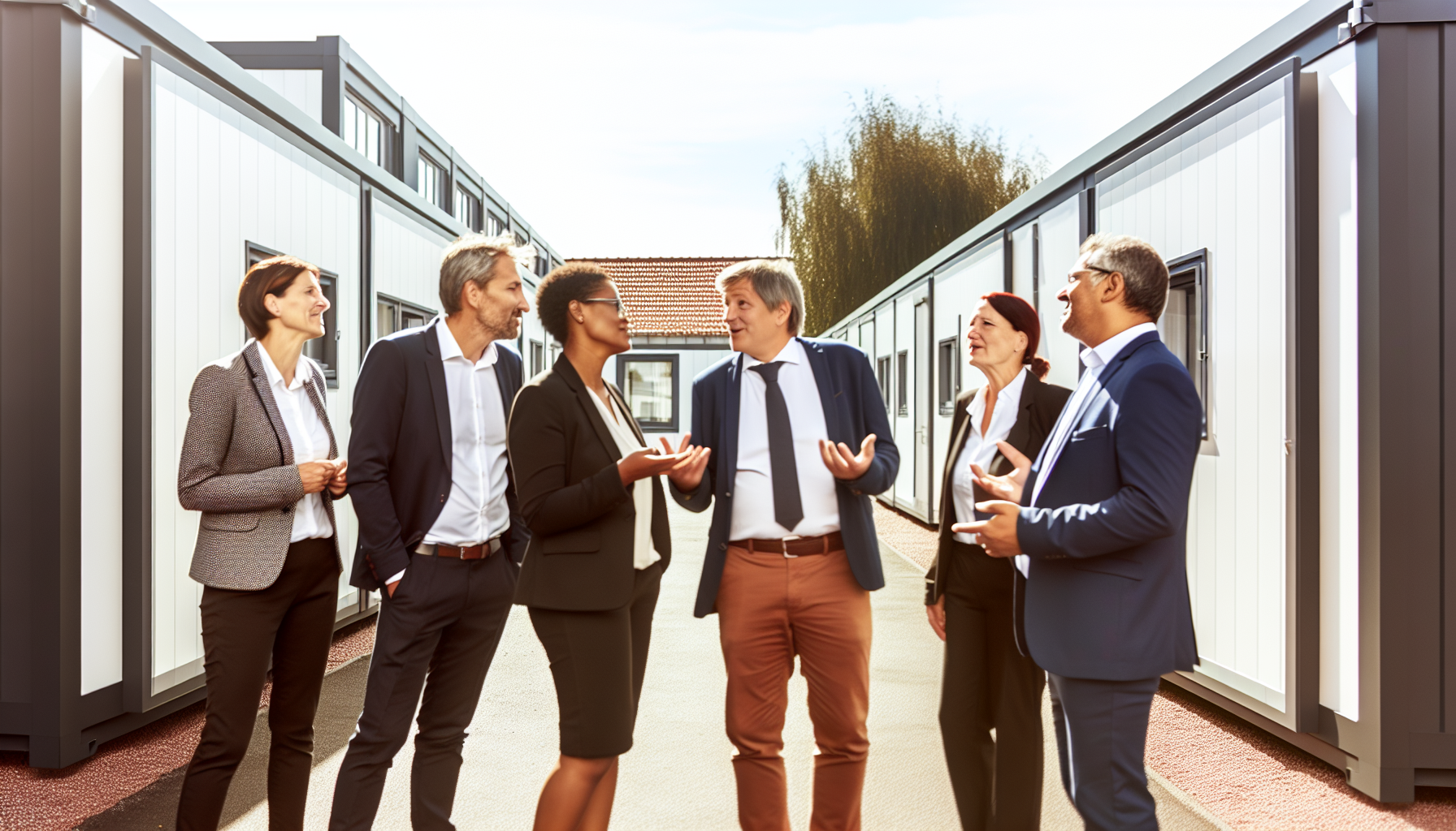 Europäische Fachleute verschiedener Disziplinen in lebhafter Diskussion vor einem modularen Gebäude, moderne Architektur auf einem deutschen Gewerbegelände