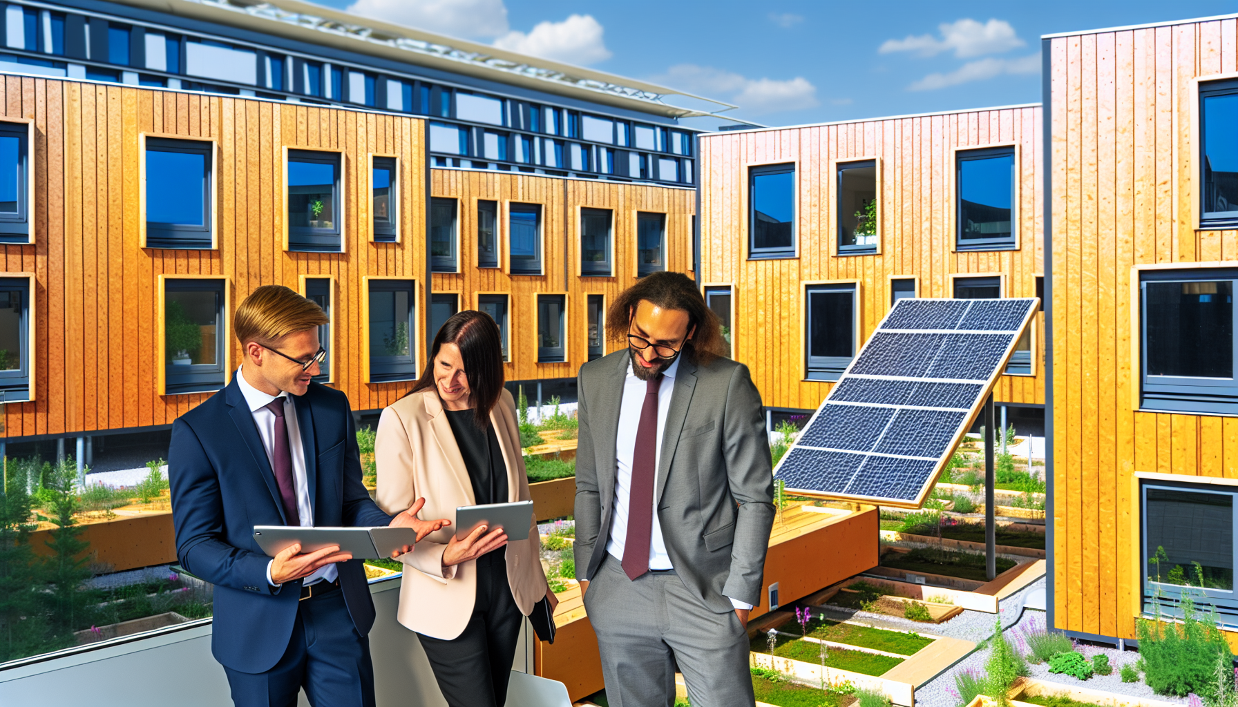 Europäische Investoren besichtigen nachhaltige Wohnmodule in einem grünen Wohnpark, Holzfassaden und Photovoltaik auf den Dächern, deutsches Setting
