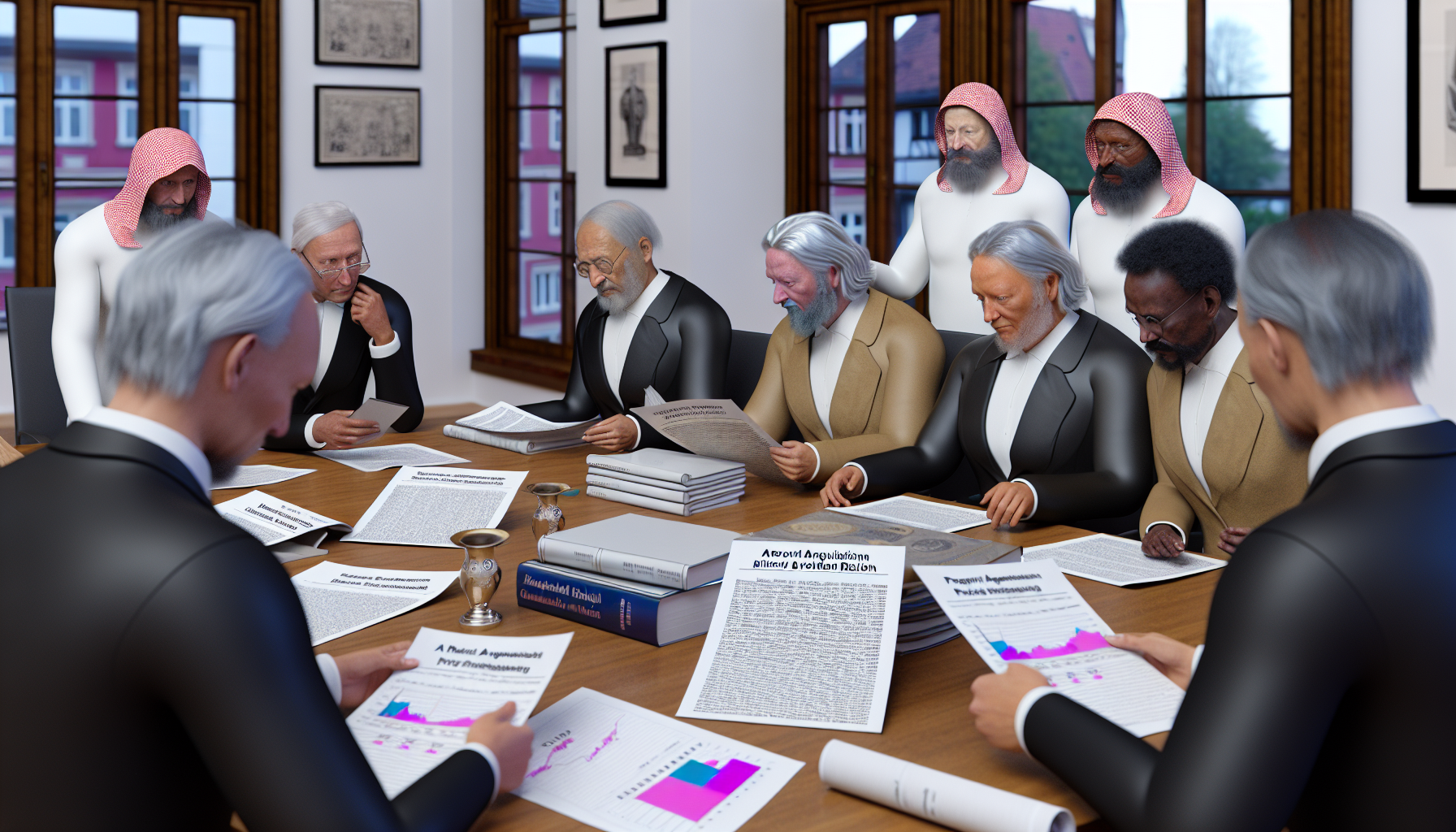 Europäische Sachverständige analysieren KI-gestützte Bewertungsergebnisse an einem Konferenztisch mit Diagrammen und Fachliteratur